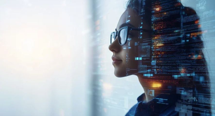 Profesional con visualización de datos e inteligencia artificial superpuesta